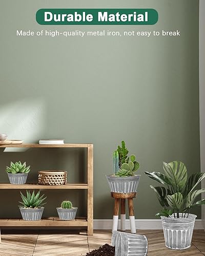 Miniatura 5 de vensovo Macetas rústicas de metal plateado de 10 pulgadas, 4 macetas galvanizadas poco profundas con orificio de drenaje y tapón de goma, macetas de