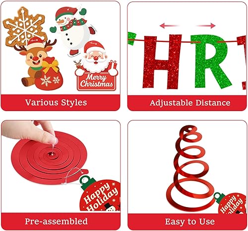 Miniatura 4 de jijAcraft Cartel de decoración navideña de Feliz Navidad, 38 piezas de remolino colgante premontado, decoraciones de Navidad para interiores,