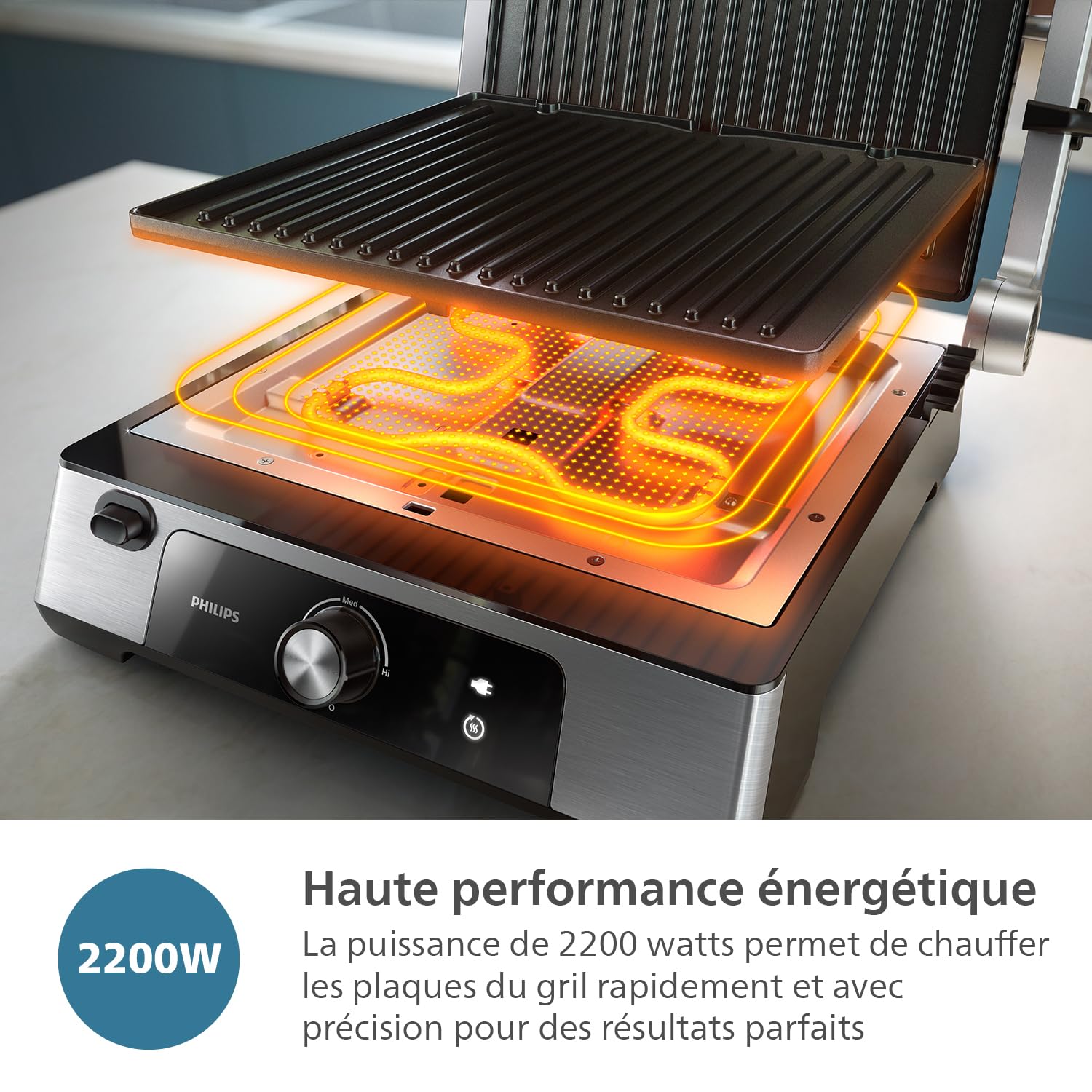 Philips Contact Grill - Température réglable. Grande surface de cuisson et Puissance élevée. Plaques Antiadhésives Amovibles et bac récolteur de graisses. (HD6301/90)