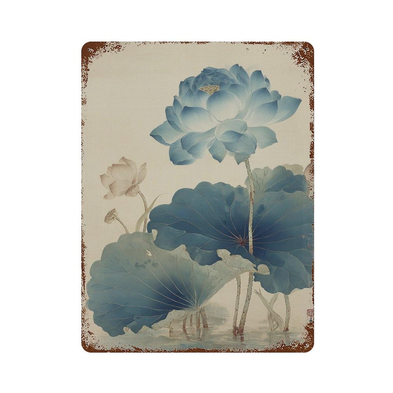 xiaoxiaoshen Blue Lotus Flower Japanese Watercolor Botanical Minimal Asian Tranquil Nature Wo Wall Decor Art Metal Tin Poster Modern Home Decor Art Home Bar Shop Decorations Vintage Sign 40x30cm