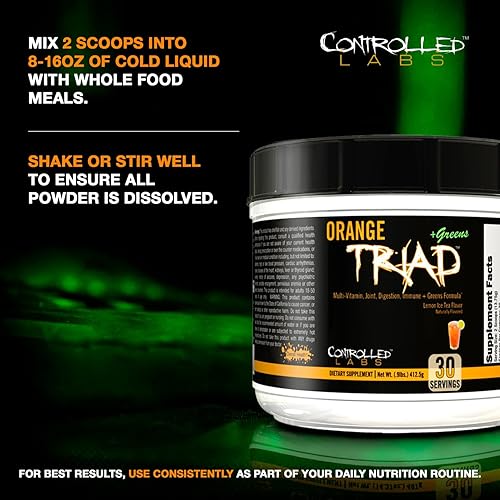 Miniatura 11 de CONTROLLED LABS Orange Triad Plus Greens para hombres y mujeres, suplemento deportivo sin hierro de 30 porciones para la salud general, Naranja