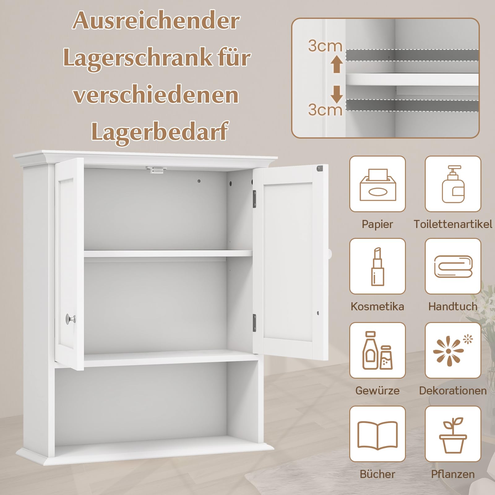 GOPLUS Hängeschrank Bad, Badschrank Holz mit verstellbarem Regal, Wandschrank hängend, Badezimmerschrank Küchenschrank, 60×19×71cm (Weiß)
