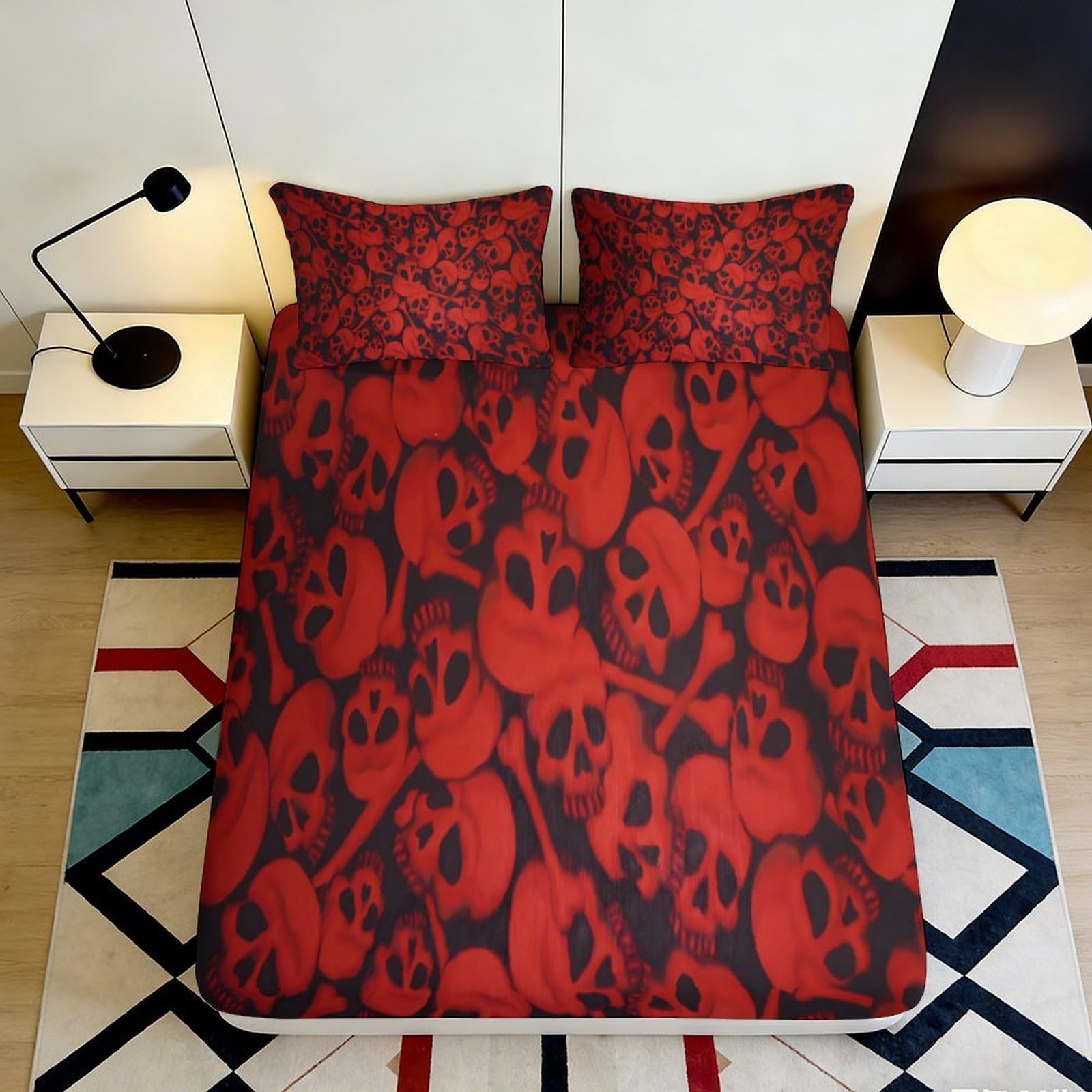 3D Printed Skull Pattern Fitted Sheet Microfiber Red Black Gothic Bed Sheet for Bedroom Guestroom Decor Protection 90x200x25cm