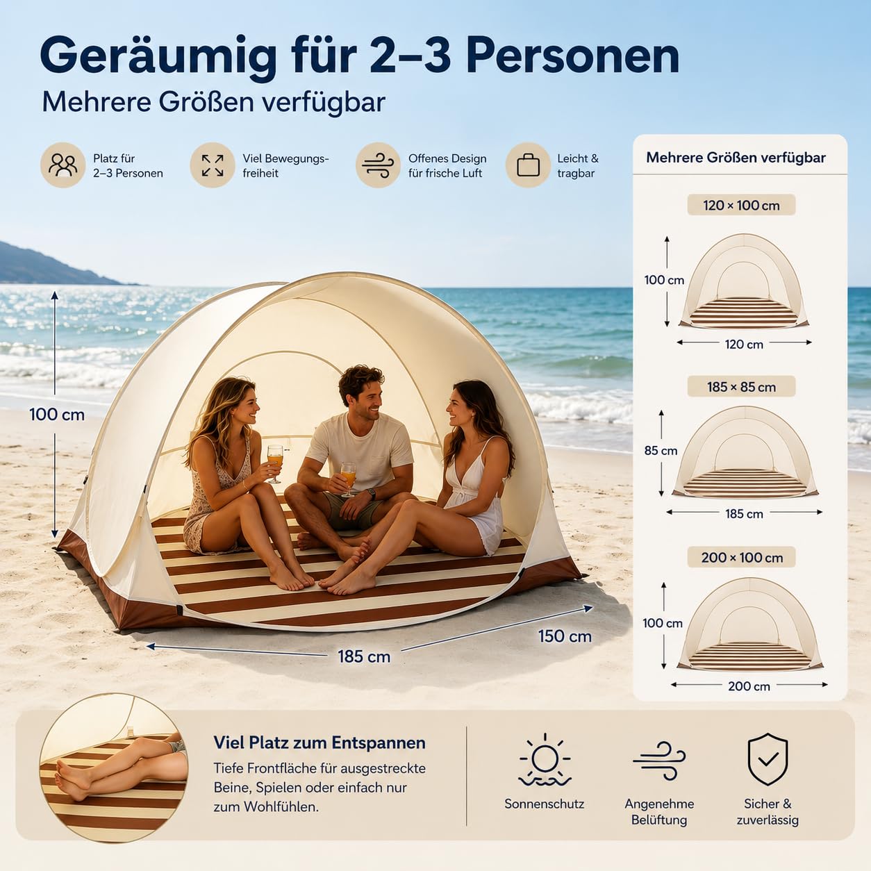 Pop-up Strandmuschel UV Schutz 50, 2-3 Personen Groß Strandzelt 1kg-Leicht & Tragbar, Wasserdicht Sonnenbeständig Atmungsaktiv,120x100cm, für Wanderausflug Strand Camping (Braun_185X85cm)
