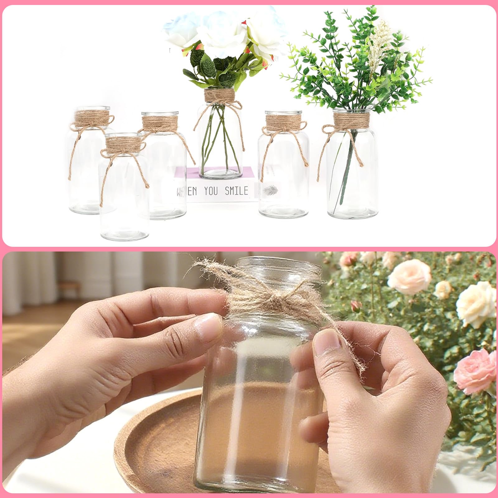 12 Piezas Jarrones Cristal 125ml con Cuerda Yute 5M, Botellas para Flores Pequeñas Transparentes, Jarrón Decoración Mesa Mini, Floreros Decorativos Modernos para Hogar, Boda, Jardín, Cumpleaños Fiesta