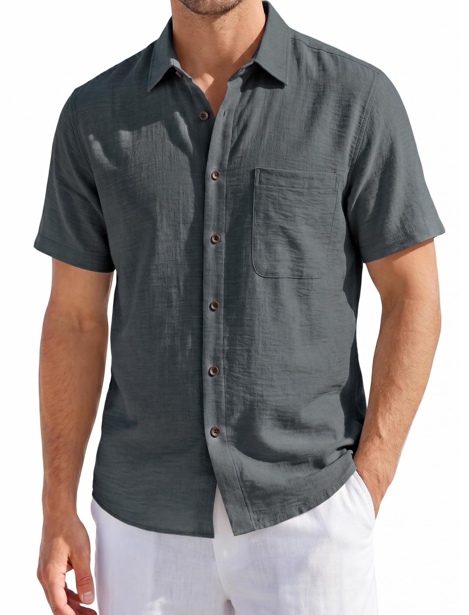 HISDERN Camicia Lino Uomo Maniche Corte Abbottonata Misto Lino Cotone vestibilità Regular Camicia Estiva da Spiaggia Casual con Taschino