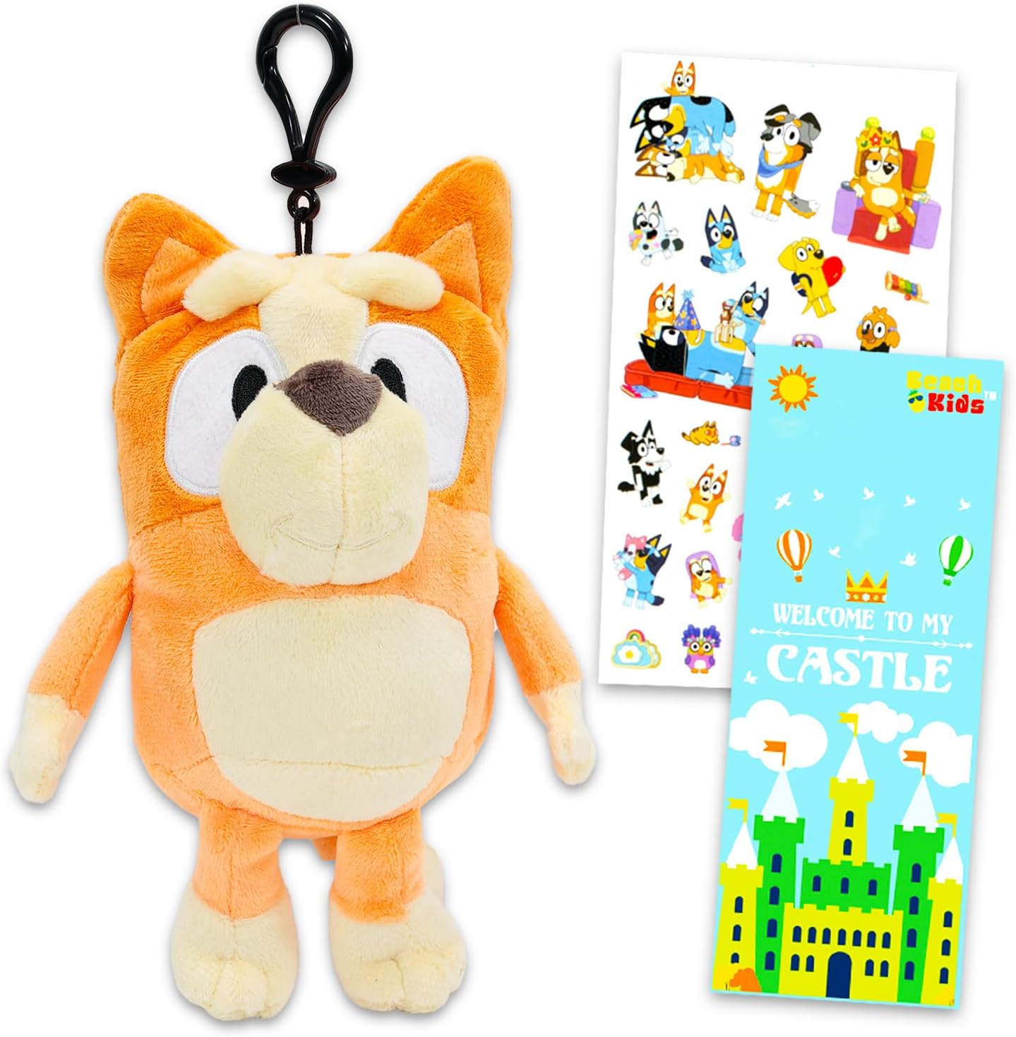 Bluey Plushie Keychain Set - Bag Clips Bundle with 8" Bingo Keychain Plush with Clip and Storage Plus Stickers, More | Bingo Plush Keychains for Backpack