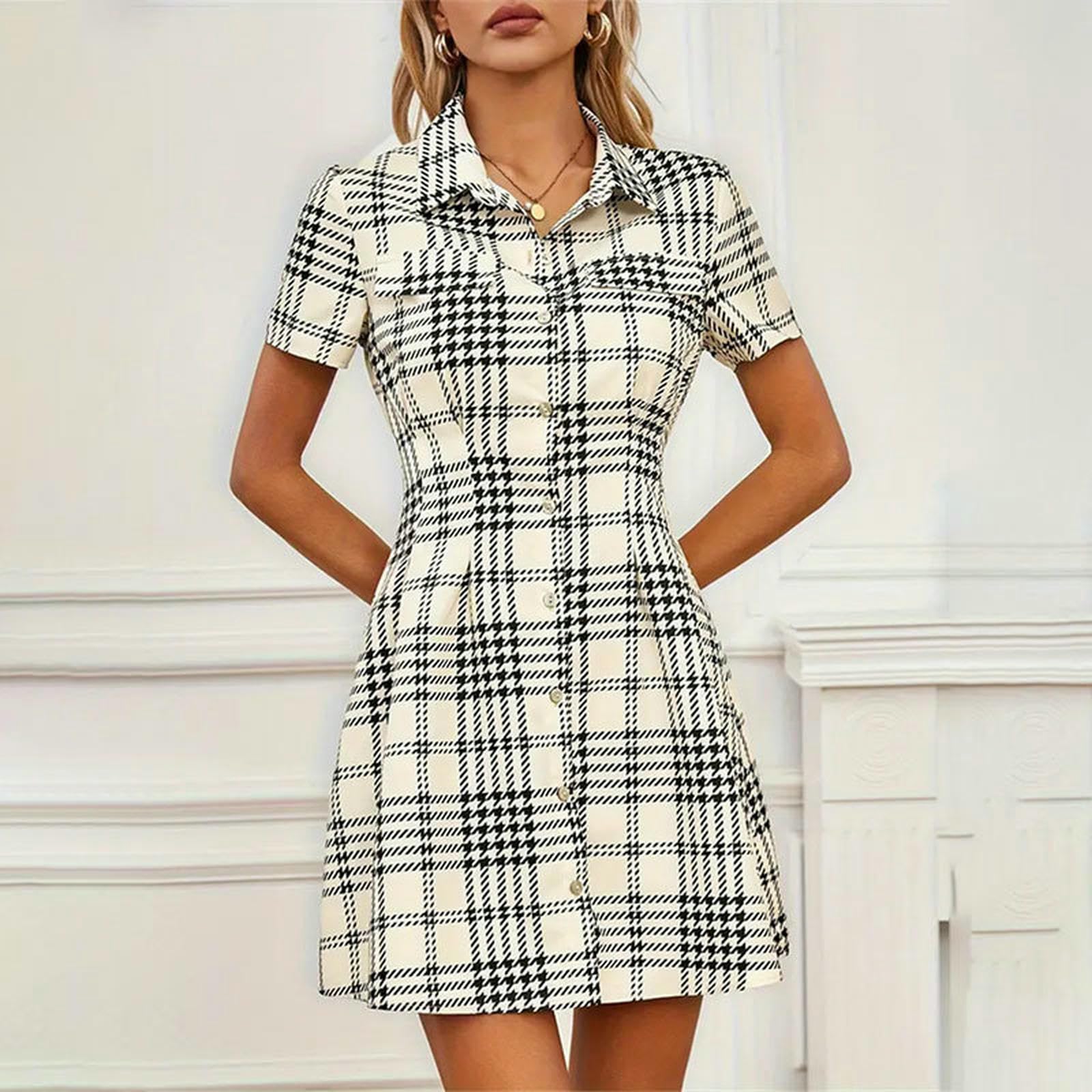 Letnia sukienka damska Lapel Short Sleeve Button Print Koszula sukienka rekreacyjna talia sukienka morelowa XL
