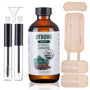 8oz Castor Oil Organic and 4pcs Reusable Castor Oil Pack Wrap Organic Cotton,for Stomach-Neck-Abdomen -Knee-Arm-Liver Detox,with Eyebrow and Eyelash Care Tool Set