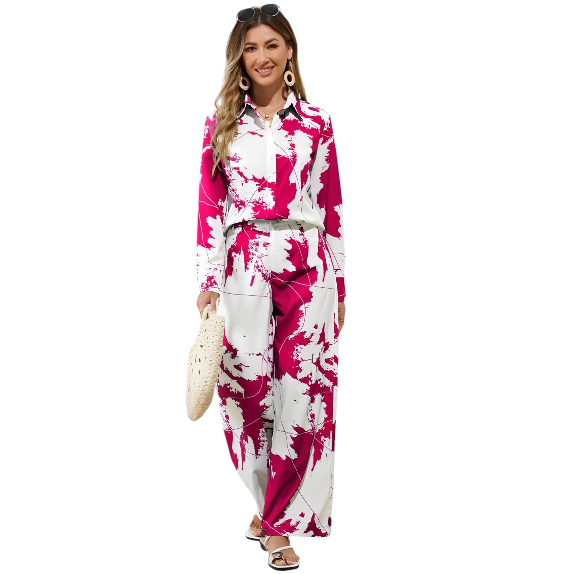 Gufrina Women's Abstract Print Co-Ords Set - Long Sleeve Open Collar Shirt And Wide-Leg Pants Ensemble (Pink Xxl)