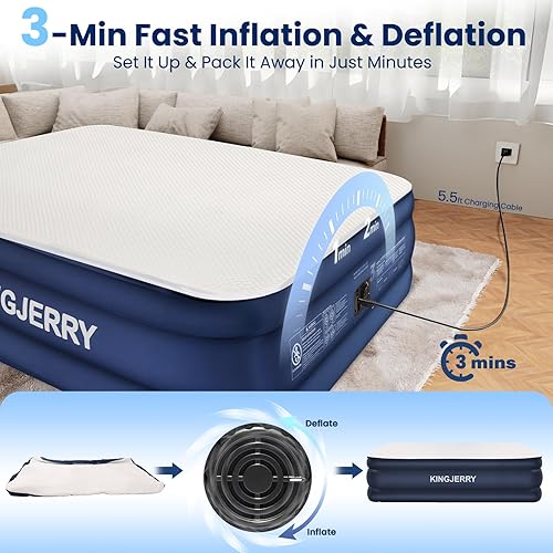 Miniatura 7 de KINGJERRY Colchón de aire Queen con bomba incorporada, colchón inflable con cubierta de espuma de lujo de 18", cubierta de tacto de seda