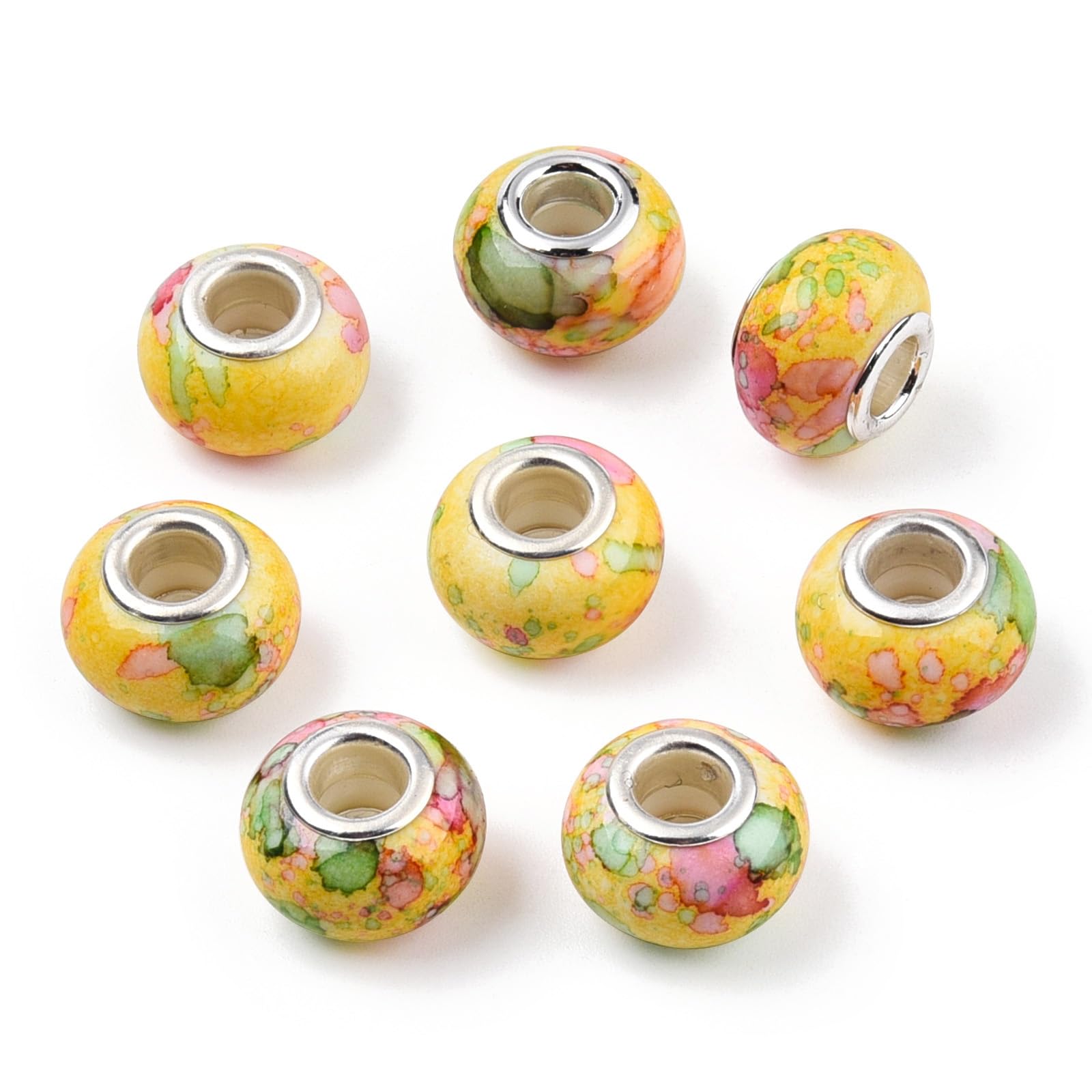 100 Stück Wasserfarben-Harz-Perlen mit großem Loch, europäische Perlen, silberner Messingkern, Rondelle-Charms für Armbänder, Halsketten, DIY-Stifte, Makramee-Haarzöpfe