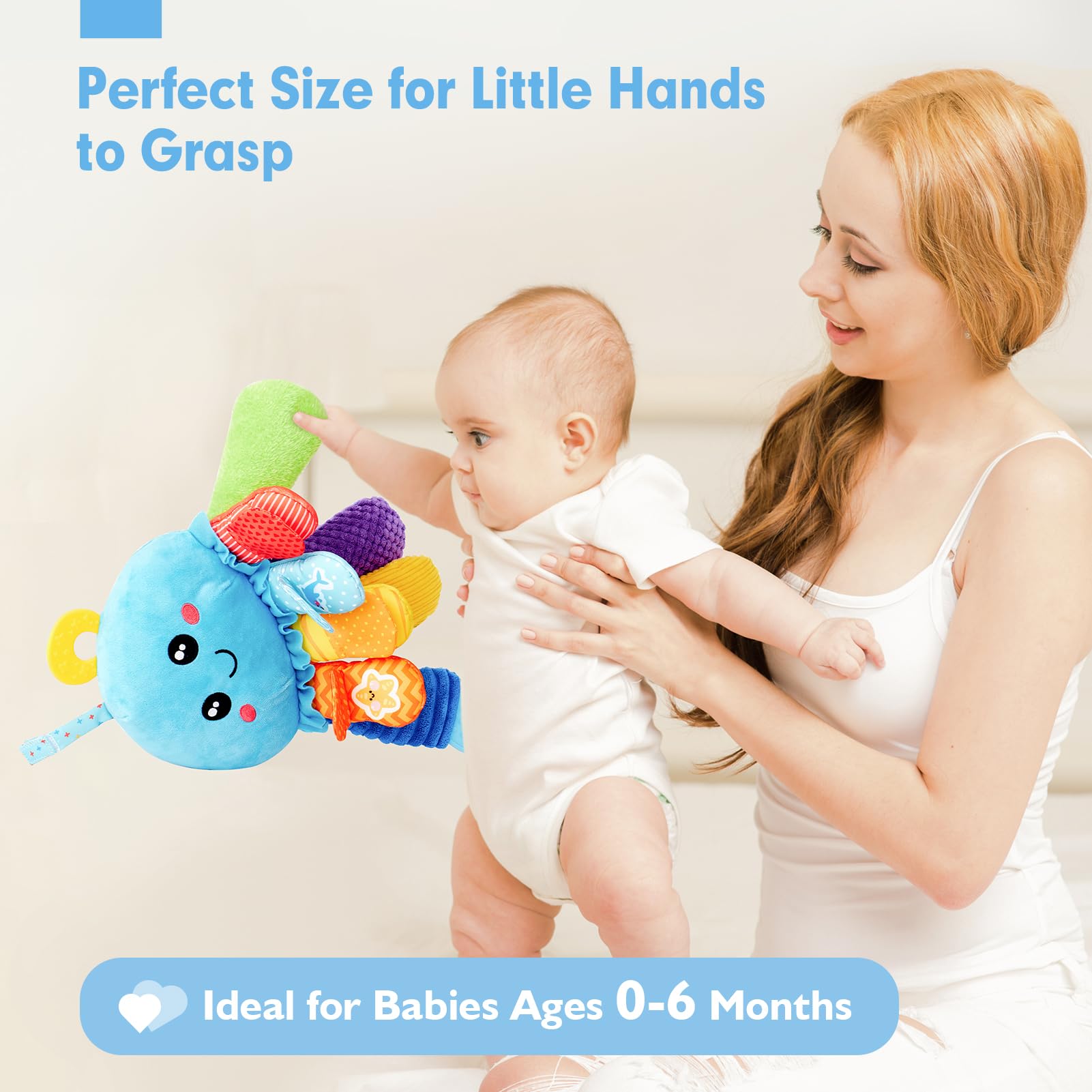 Juguetes sensoriales para bebés de 3 a 6 meses, 15 en 1, juguete suave para el tiempo boca abajo, con espejo de sonajero arrugado para bebés, juguetes colgantes para asiento de automóvil 7