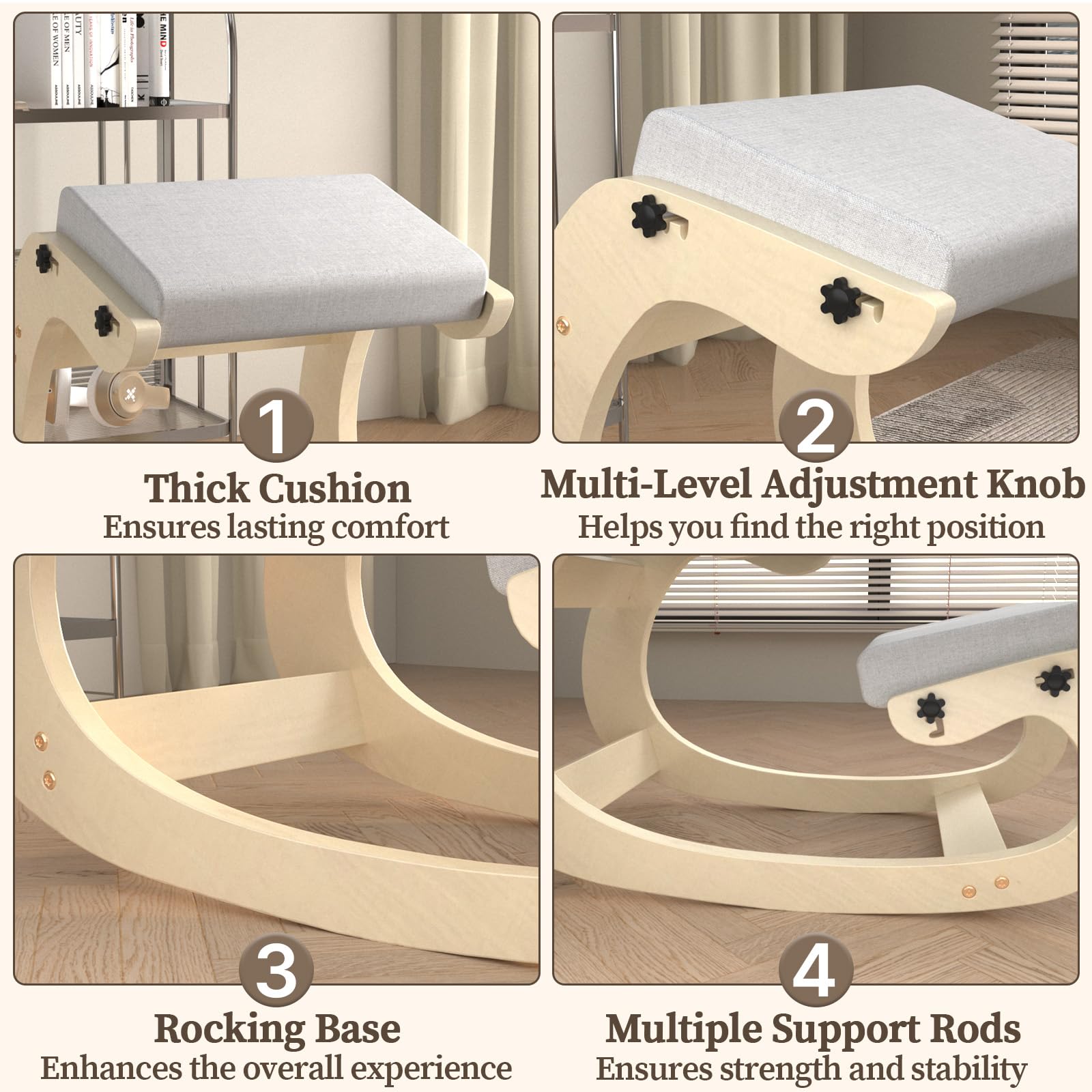 Ergonomischer Kniestuhl mit Schaukelbasis aus Holz – Höhenverstellbarer Haltungstrainer mit dickem Sitzkissen und weicher Knierolle, ideal fürs Homeoffice & gegen Rückenschmerzen