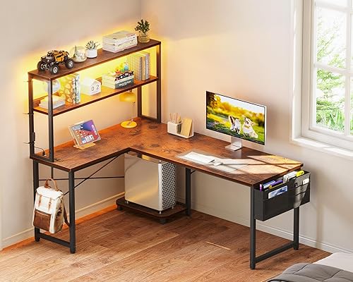 Miniatura 8 de ODK - Escritorio en forma de L de 53 pulgadas con iluminación LED, escritorio reversible para juegos con tomas de corriente, mesa de computadora