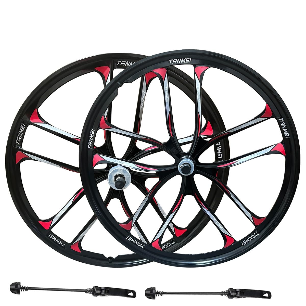 QUYCOIU Bike Wheel Set 24/26/27.5 Inch Magnesium Alloy One-Piece Bike Wheels 10 Spokes Rim Front & Rear 100x135mm For 6-9s Freewheel Quick Release Axles(Black-Red,24in-Pair)