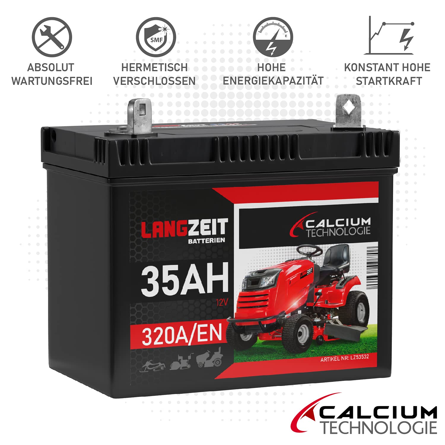 Langzeit Rasentraktor Batterie 12V 35Ah Starterbatterie Aufsitzmäher Rasenmäher Plus Pol RECHTS statt 26Ah 30Ah 32Ah