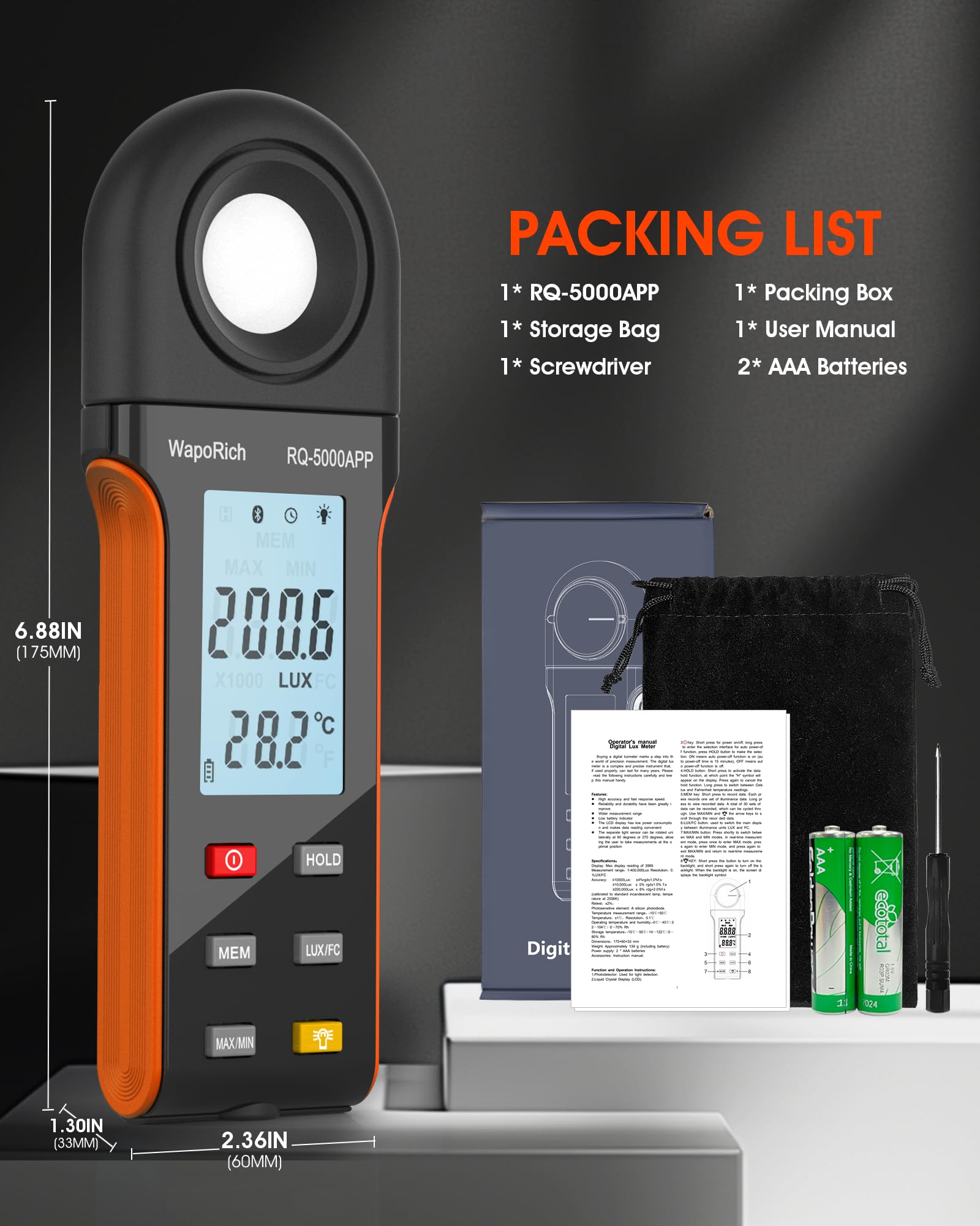 Luxometro Bluetooth Medidor de Iluminacion, WapoRich Medidor de Luz Digital 1~400.000 lux (1~40.000 FC) Luxómetro Portátil con Sensor Giratorio de 270º y Temp Ambiente (℃/℉) para Plantas RQ-5000APP