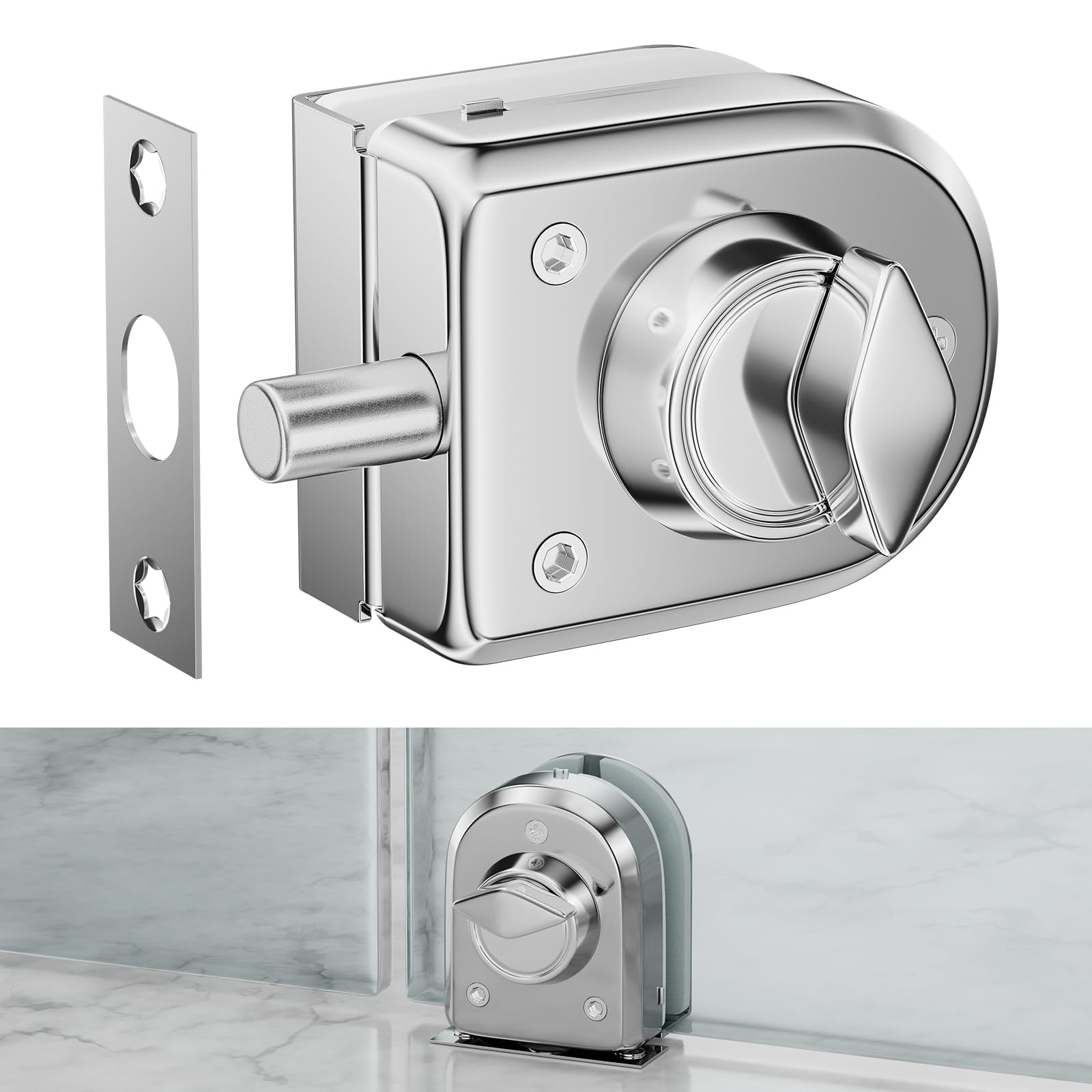 Ranbo Frameless Swinging Door Floor Bolt Lock, No-Drill, 304 Stainless Steel, for 3/8''-1/2''(10mm-12mm) Sliding Glass Doors, Office, Commercial Doors, Polished Chrome.