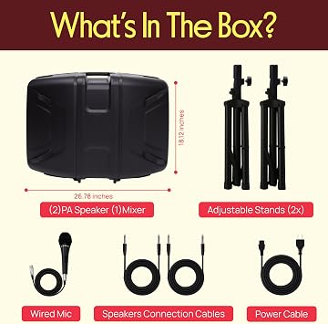 Pyle PA Speaker DJ Mixer Bundle - 300 W Portable Wireless Bluetooth Sound System w/ USB SD XLR 1/4 RCA Inputs - Dual Speaker, Mixer, Microphone, Stand, Cable - Home/Outdoor Party - PPHP28AMX,Black