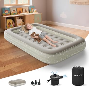 Inflatable Toddler Travel Bed Portable Blow Up Travel Toddler Bed with Safety Sides - Toddler Air Mattress with Electric Pump & Carry Bag,Ideal for Sleeping and Outdoor Camping Beige, 60"