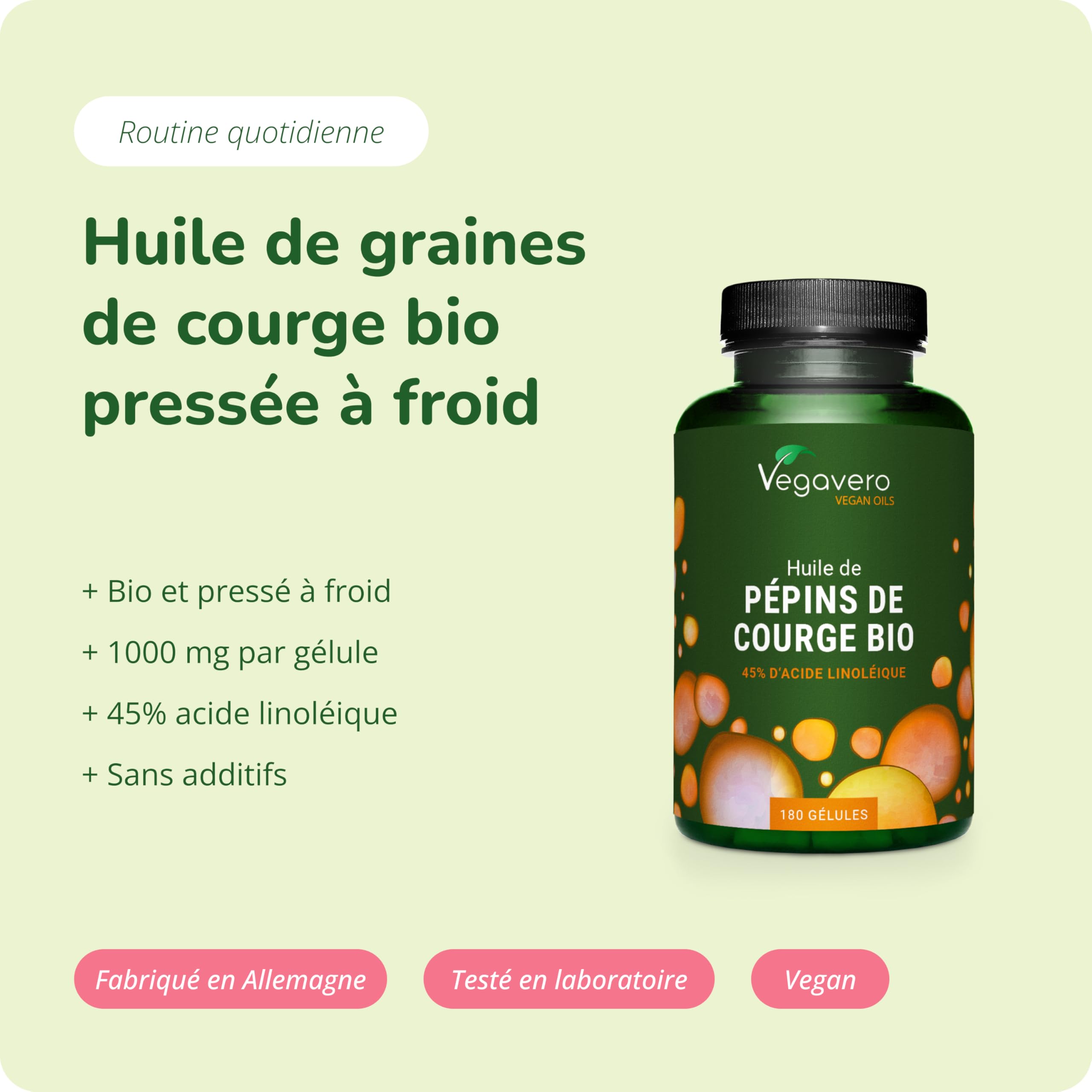 Huile de Pépins de Courge BIO & VEGAN Vegavero® | 45% Omega 6 | Prostate + Fuite Urinaire Homme | Sans Gélatine & Sans Additifs | 180 Gélules (3 Mois)