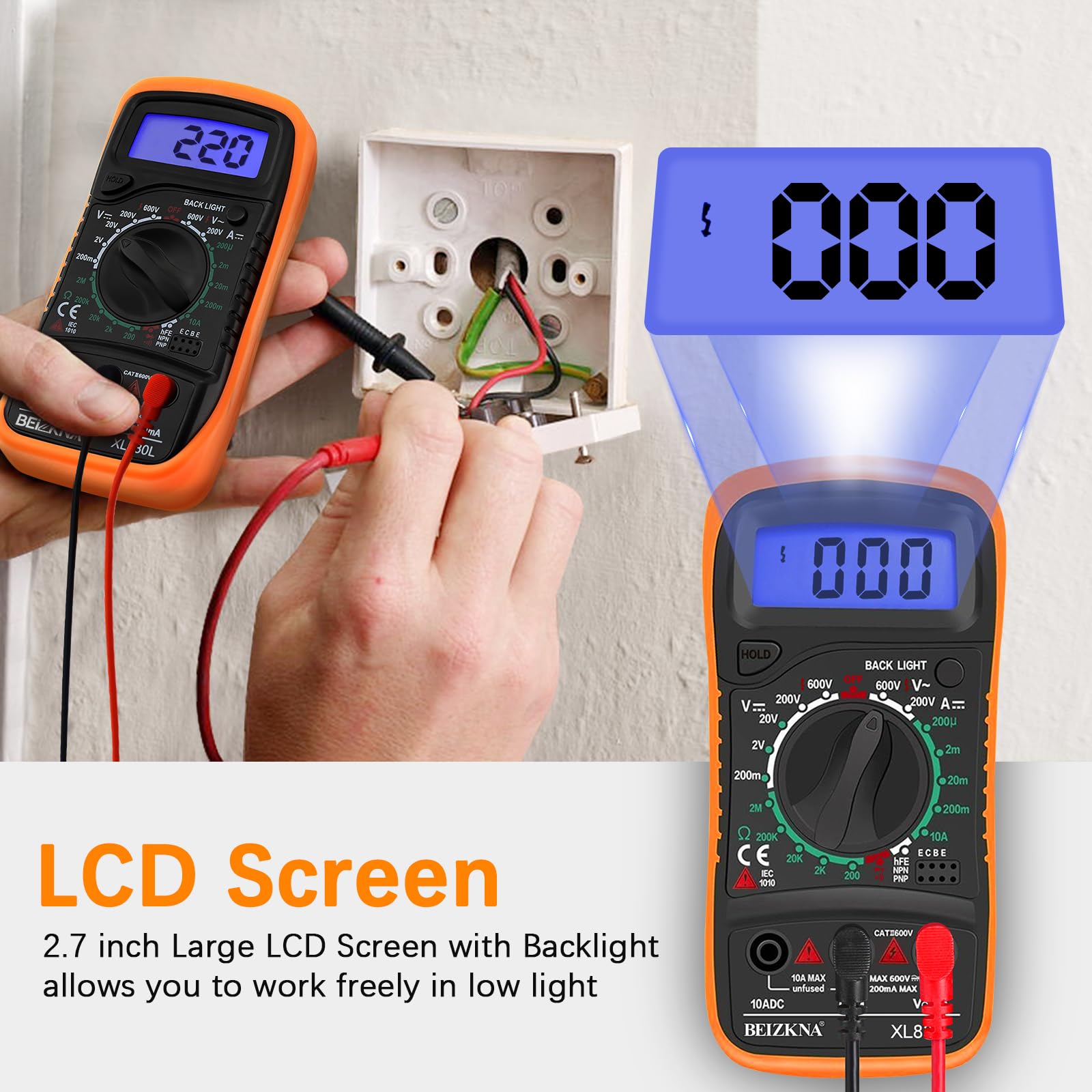 Digital Multimeter Voltmeter Battery Multi Tester Voltage Ohmmeter AC DC Volt OHM Amp Current Meter Continuity Circuit Resistance Diode Electrical Tester Ammeter with LCD Display Backlight — view 3