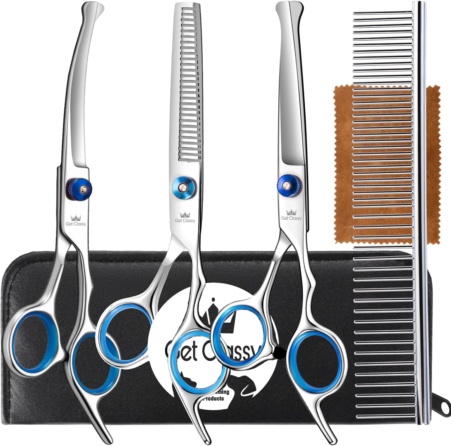 Get Classy Pack of 5 Pet Grooming Scissors Kit with Pet Comb, Thinning Scissor, Straight Scissor and Curved Scissor for Dogs and Cats