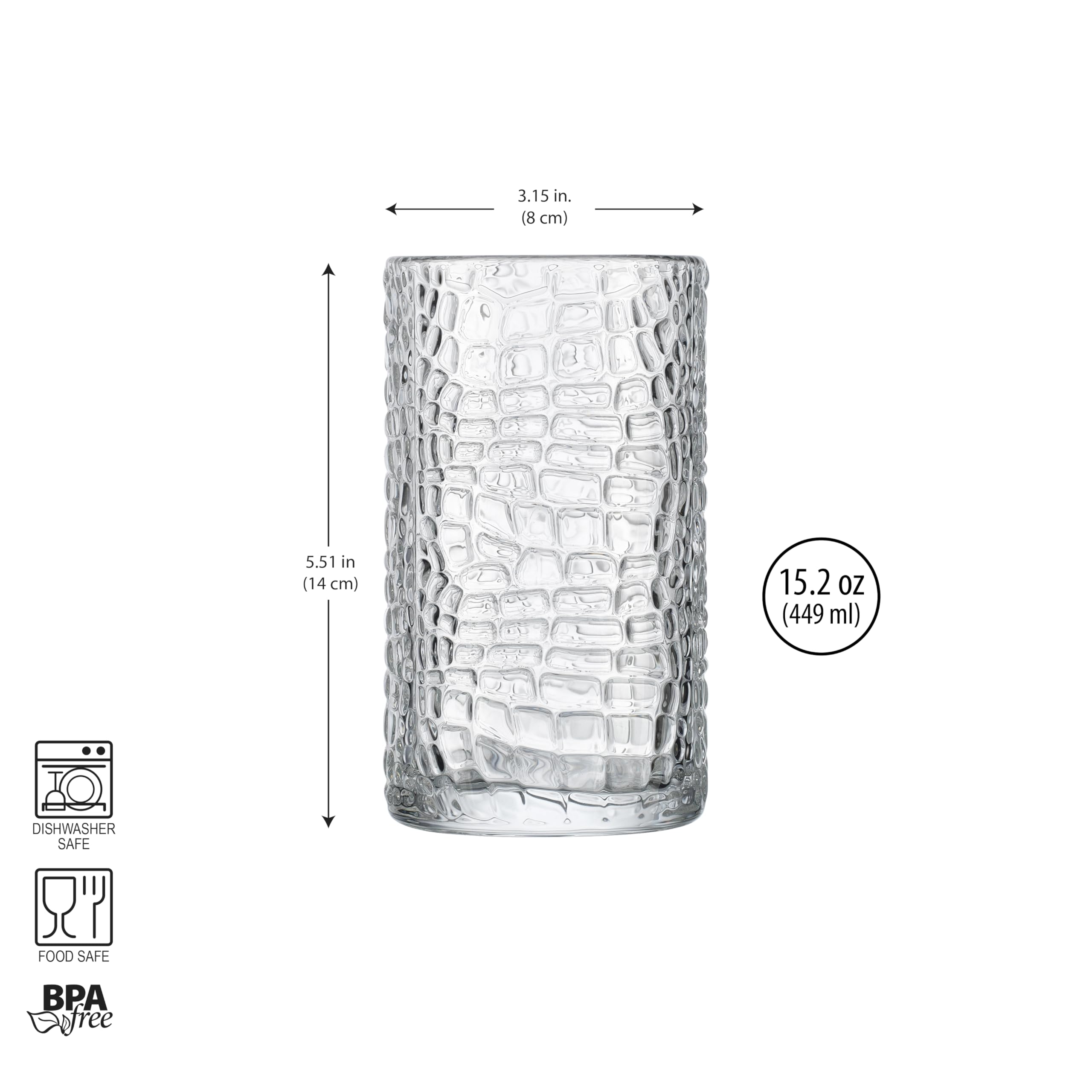 Glaver's Highball-Trinkgläser, transparent, 425 ml, lackiertes Crackle-Design, strukturierte Trinkgläser, robuste Premium-Gläser für den täglichen Gebrauch zu Hause, in der Bar, 4 Stück