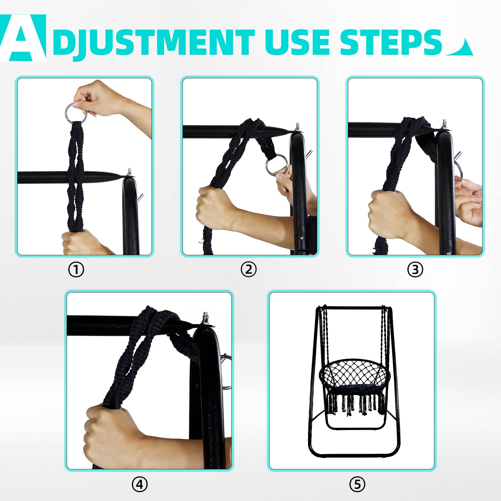 CCLIFE Fauteuil Suspendu à Franges Chaise balancoire siège Suspendu macramé avec Coussins et Pied en Fer pour Interieur et extérieur, Max 100kg,83 x 103 x 155 cm, Color:Noir