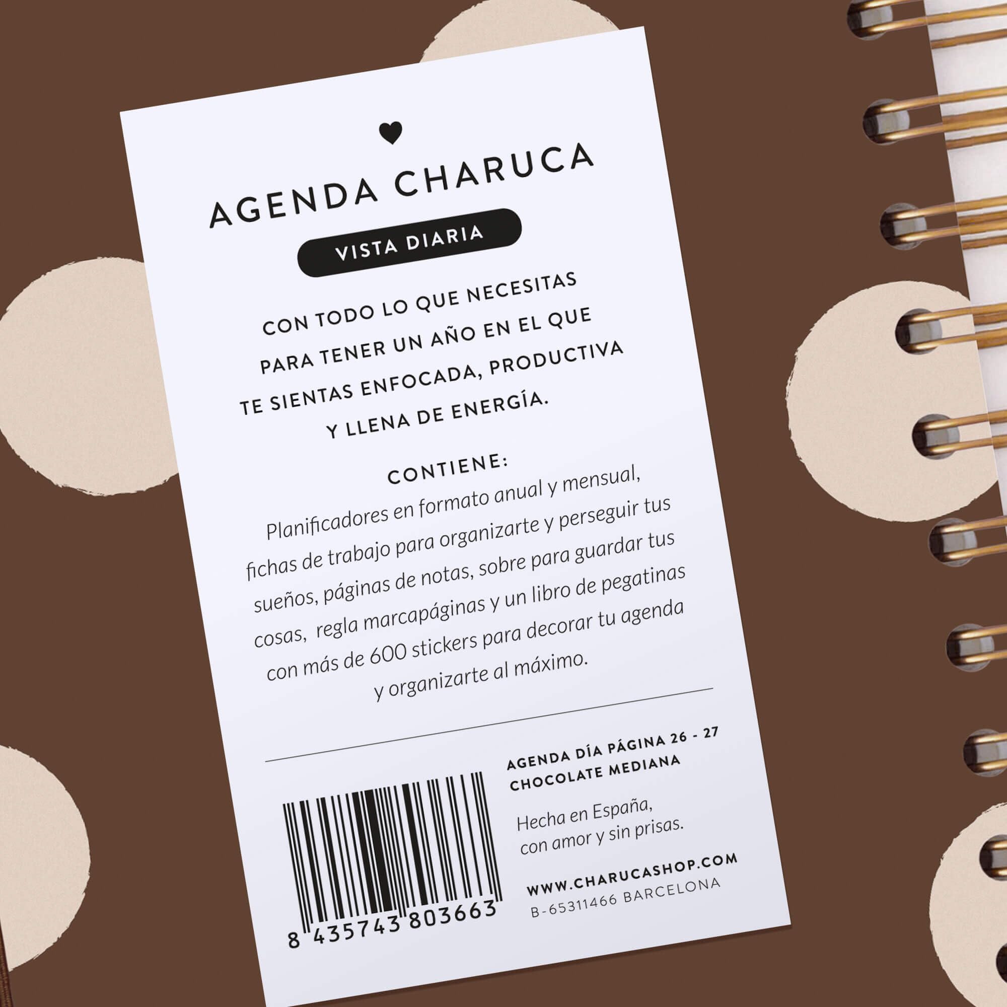 Agenda Charuca 26-27 Académica VISTA DIARIA - Tapa Dura con Detalles Dorados, Tamaño MEDIANA - Incluye BOLSA de Tela PROTECTORA y Marcapáginas - Hecho en España. (CHOCOLATE LOVE)