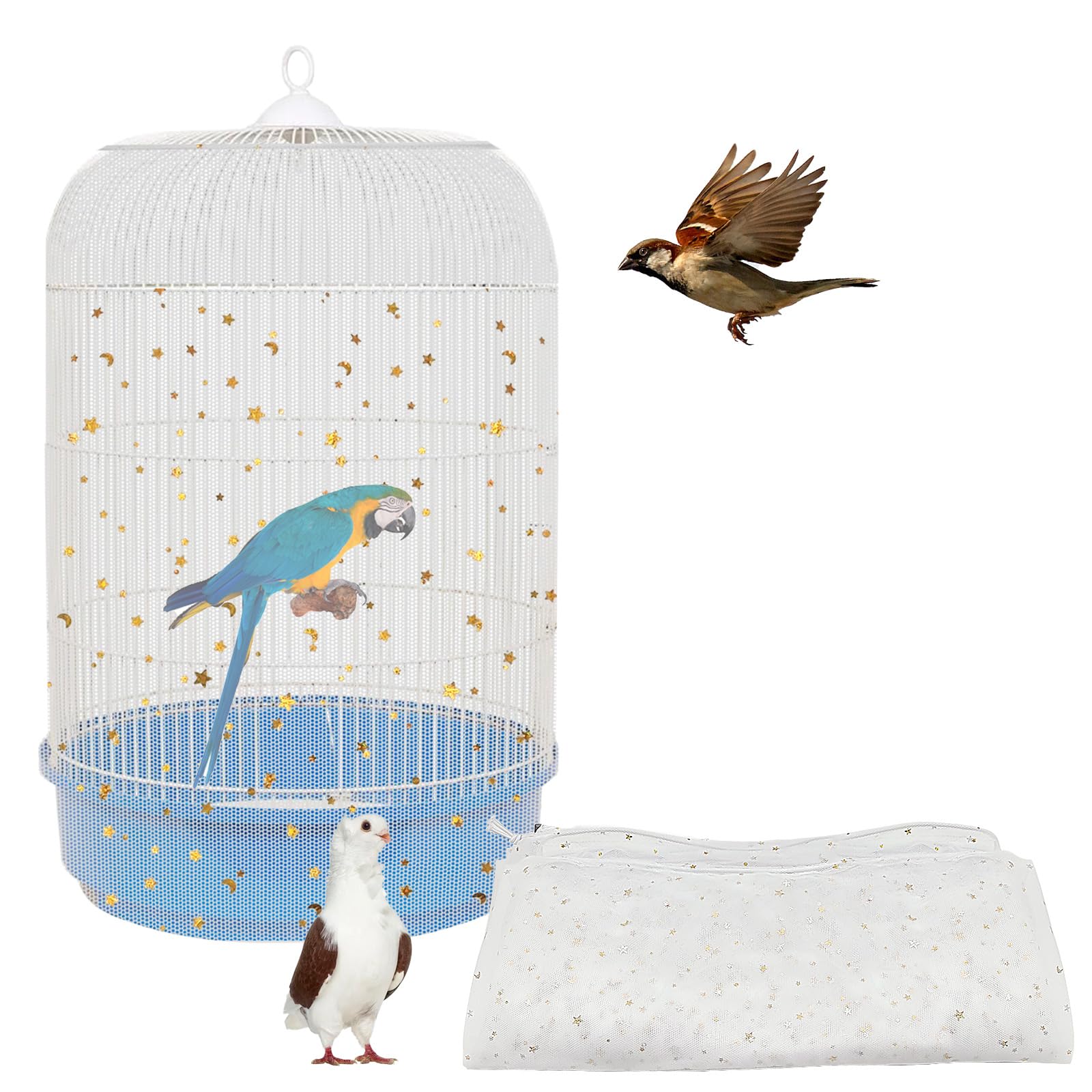 Bird Cage Seed Catcher, 45-90'' Adjustable Cover, Universal Nylon Mesh Net, Skirt Guard Accessories for Parrot Parakeet Macaw Round Square Cage (White)