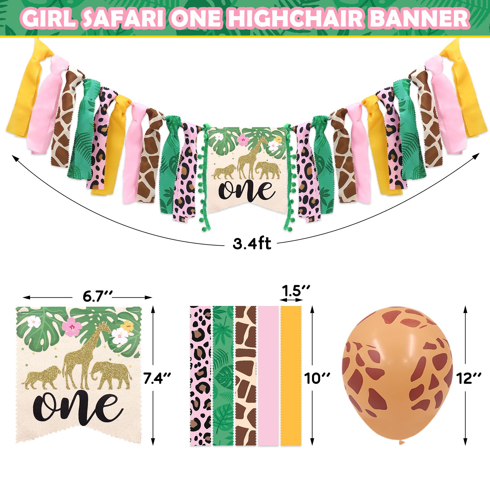Vansolinne Wild One Highchair Banner Kit Safari Jungle 1st Birthday Party Decorations Glitter Cake Topper Pink Animal Print Hat Tropical Balloons for Baby Girl First Cake Smash Photo Prop Backdrop