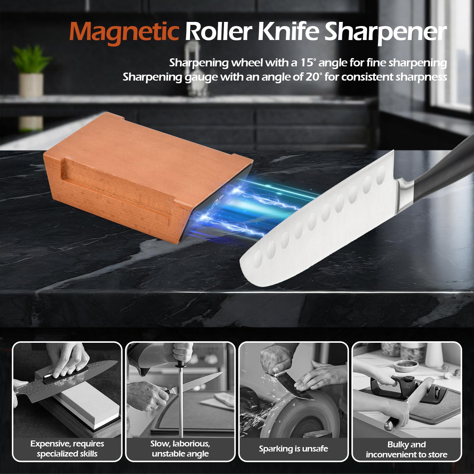 Affilacoltelli da Cucina, Rolling Knife Sharpener, Pietra Affilacoltelli Professionale, Affilatore per Coltelli manuale, due Angoli di Affilatura di 15° e 20°, per Coltelli Dritti Forbici