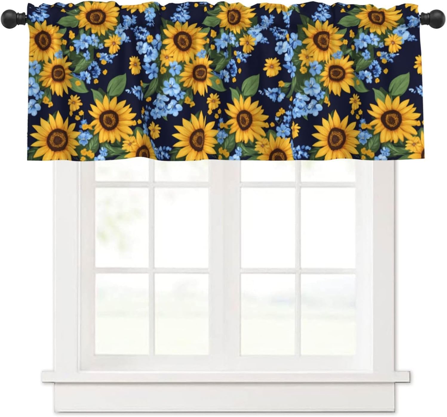 Valance for Windows Summer Yellow Sunflower Blue Floral Navy Kitchen Curtains Valances Rod Pocket Window Treatment Short Topper Curtains 1 Panel, 54x18inch