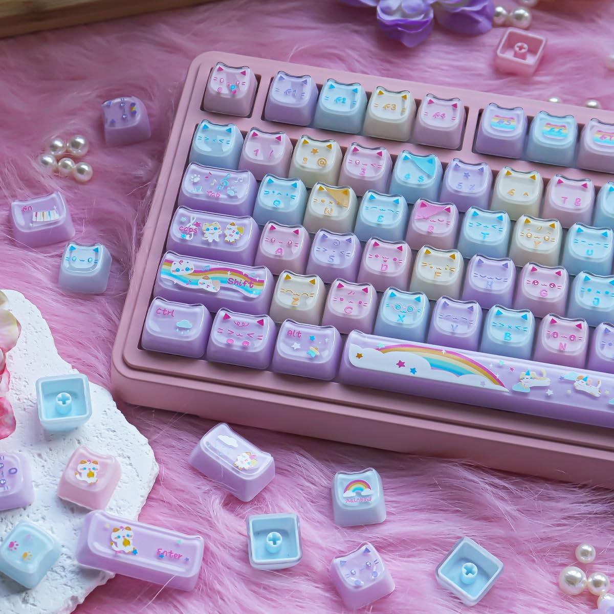 Crystal Jelly Cat Keycaps, 131 klawiszy Double Shot Translucent Cute Keycaps, Mao Profile Custom Keycap for Cherry Gateron MX Switches Mechanical Keyboard
