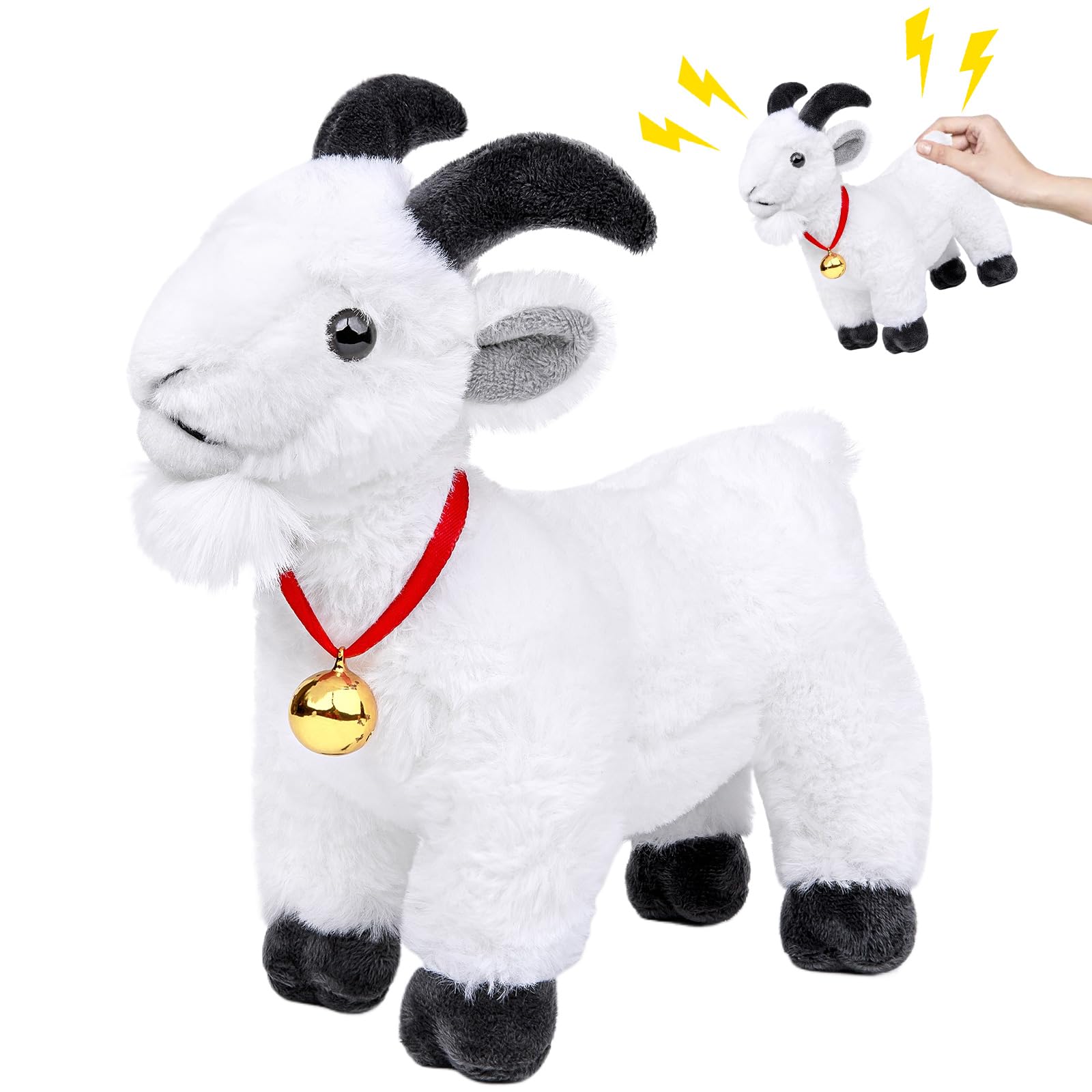 RLOMUTE 11.8" Standing White Goat with Bell Toy Stuffed Animal Cute Soft Makes Funny Screaming Goat Sounds Stress Relief Funny Gag Gift for Friends Coworkers (White Standing)