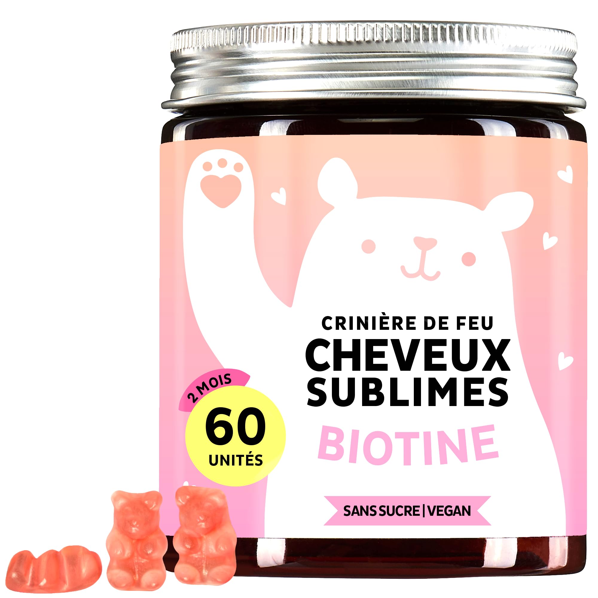 Gummies Biotine Ah-mazing Hair – Vitamines pour les Cheveux, la Peau et les Ongles – 5000 µg de Biotine, Zinc, Vitamines B6, B9, C, E – 60 Unités (2 Mois), Vegan, Sans Sucre, Bears with Benefits