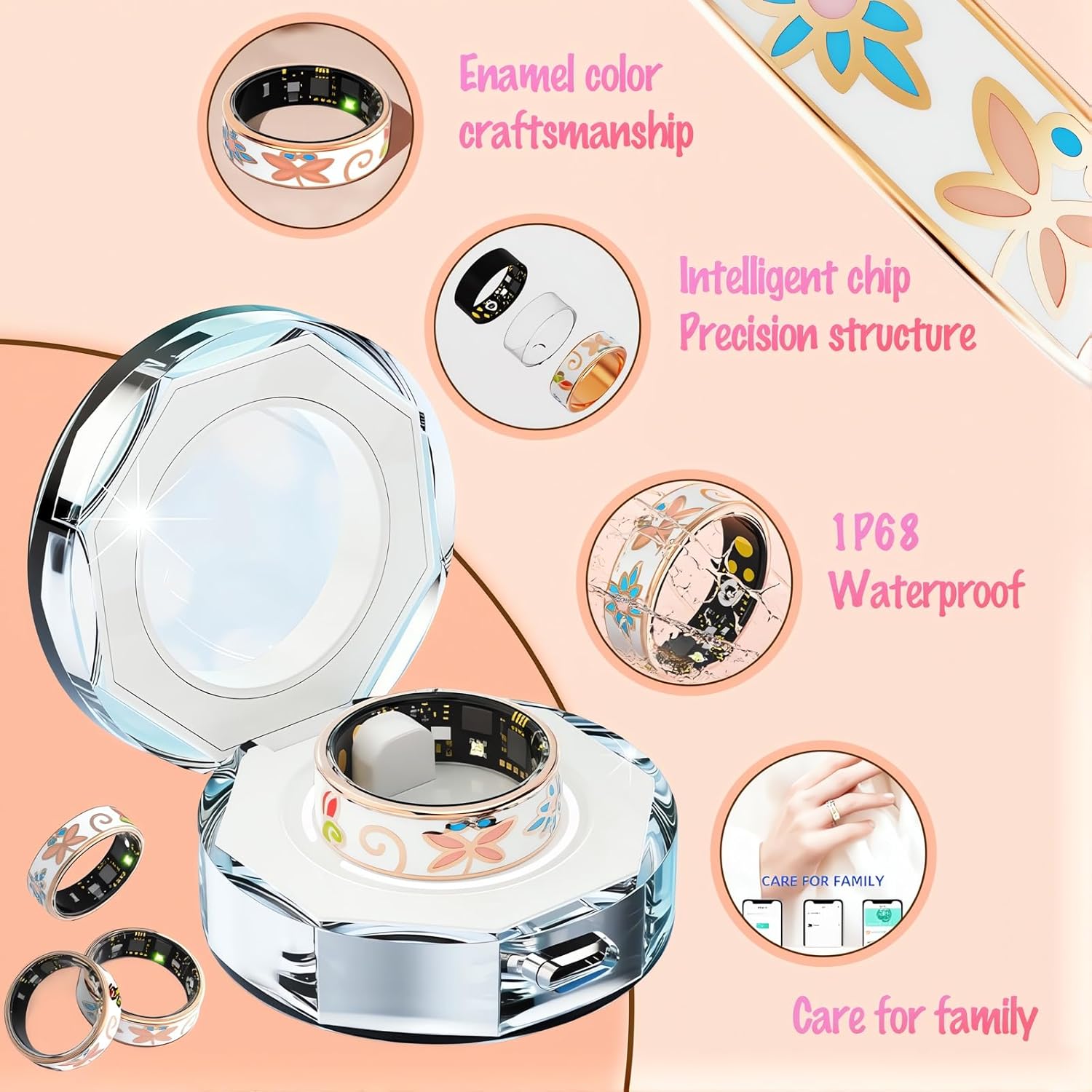 Smart Ring for Women – Fitness & Health Tracker with Heart Rate, Blood Oxygen, Step & Sleep Monitoring, Gesture Control, IP68 Waterproof, Charging Case, App for iOS & Android(Enamel Rose Gold #8)