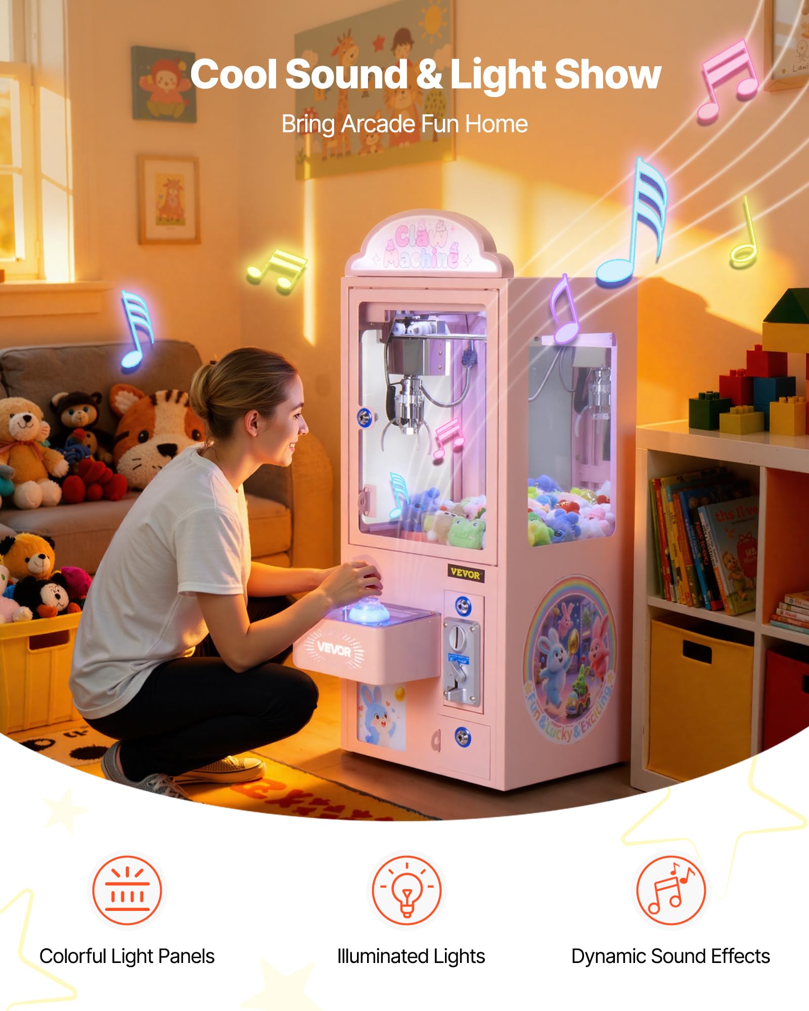 VEVOR Greifautomat, Greifer, mittelgroßer Spielautomat mit Licht & Ton, Präzisionsstahlklaue mit verstellbarem Griff für Plüschtiere, Verkaufsspielzeug, für kommerzielle Heimpartys & Kinos, Pink
