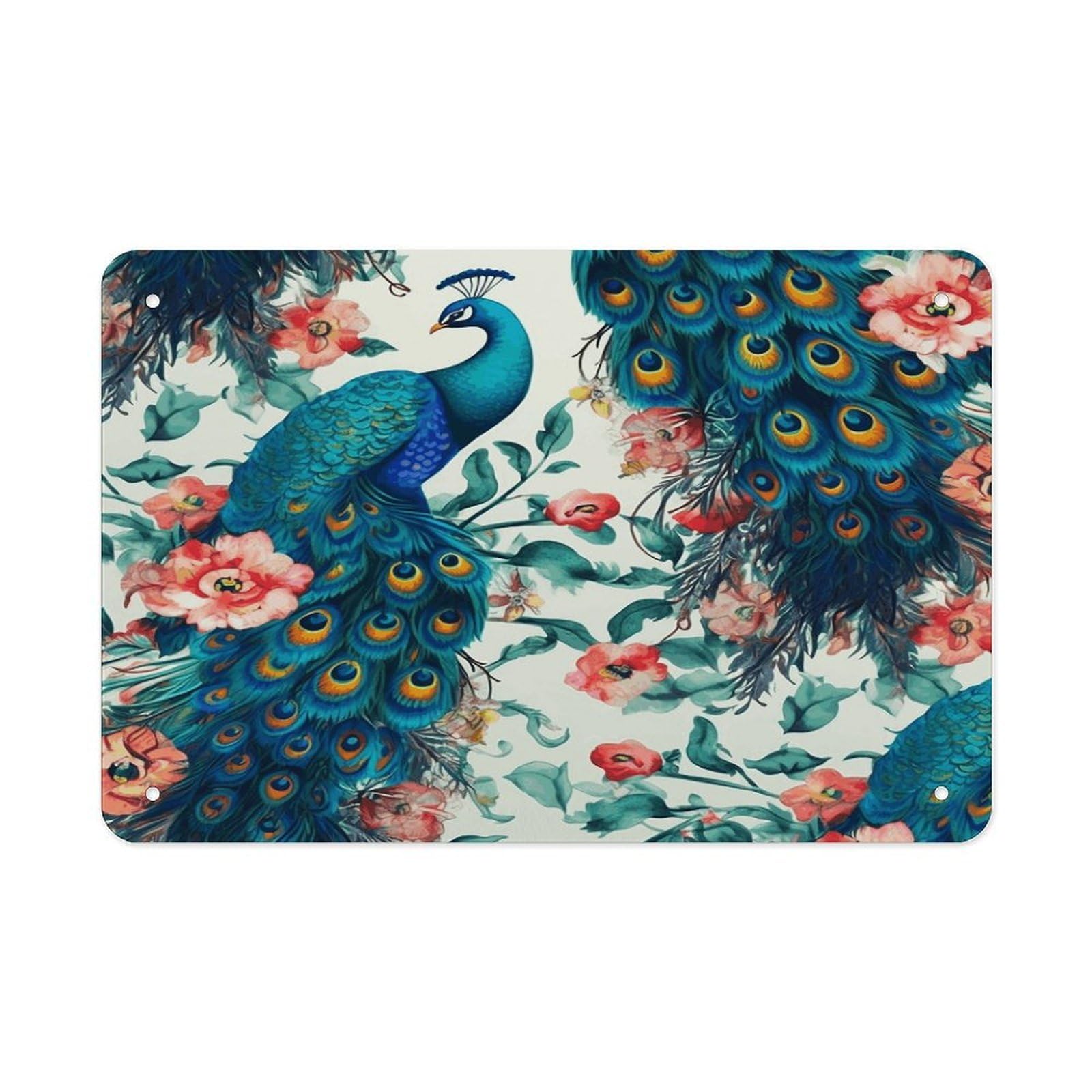 Beautiful Peacock Flowers Metal Tin Sign 12"x8" Wall Art Prints Poster Decorative Picture Metal Signboard Decor Painting Folded Edge Iron Sheet Painting with Holes for Wall Decor
