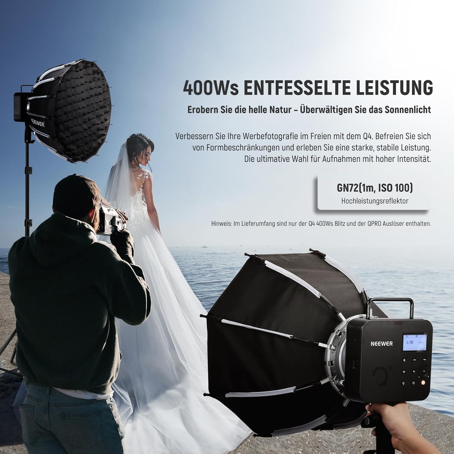 NEEWER Q4 400W Blitzblitz 2,4 G TTL und QPRO C Auslöser kompatibel mit Canon, 1/8000HSS/30W Einstelllampe/400 volle Leistung/0,01–1,2s Recycling/21,6V 2800mAh Akku für Hochzeitsfotografie im Freien