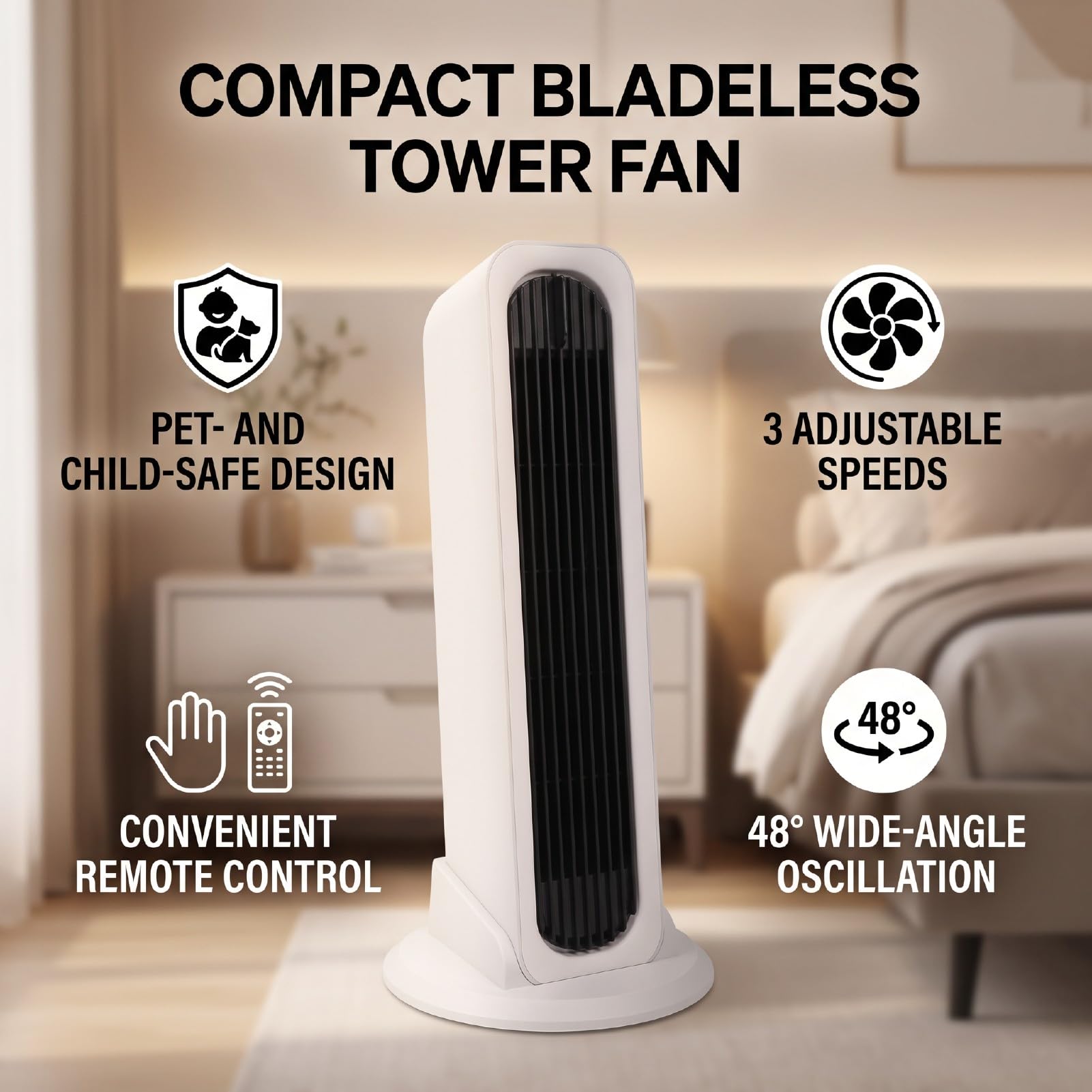 Ventilatore a Torre Silenzioso, Ventilatore Oscillante con Impostazione della velocità Regolabile, Oscillazione a 48 Gradi for Casa (bianco e nero)