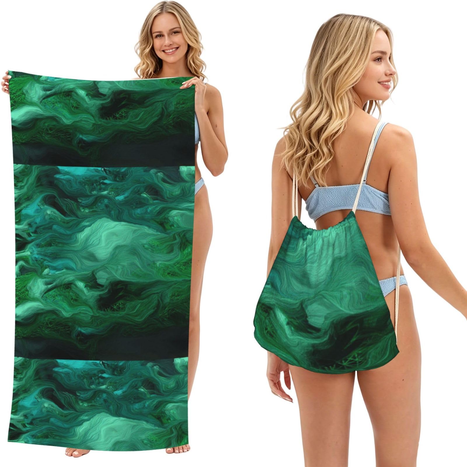 Poadnly As Picture Emerald Green, 2 In 1 Packable Towel Bag, Beach Towels With Drawstring Backpack For Travel Holiday Camping
