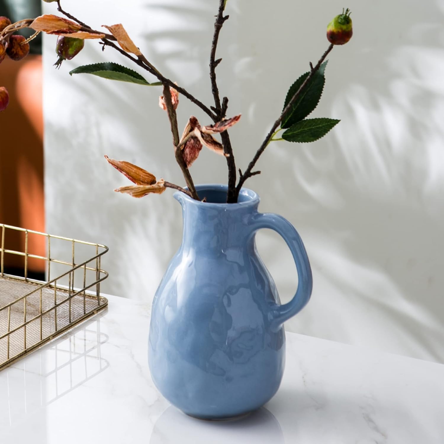 Kimdio Blue Ceramic Vase with Handle, Modern Pitcher Vases for Home Decor, Pottery Decorative Flower Vase, Clay Vases, Centerpieces for Living Room