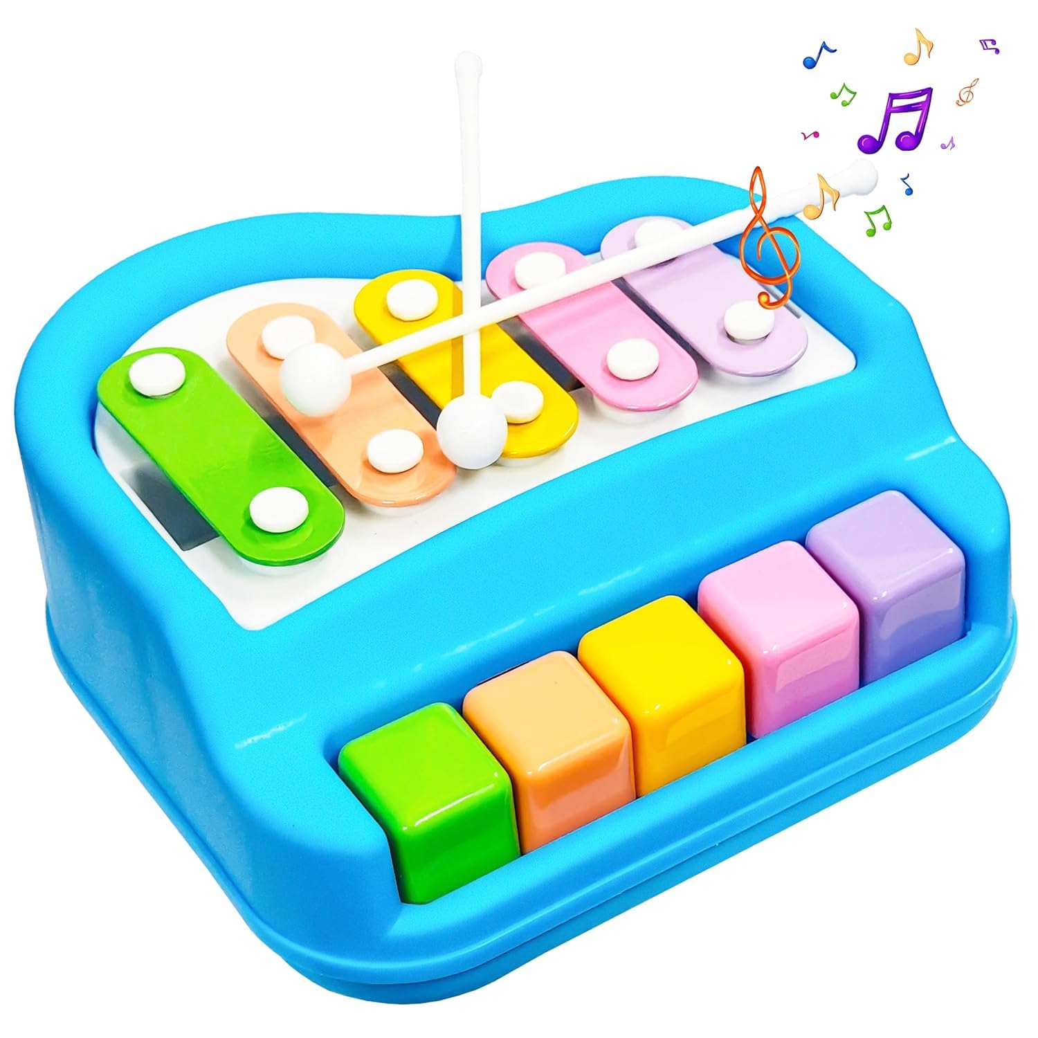 2 in 1 Small Xylophone and Piano Toy for Kids with Colorful Keys and Drum Sticks - Musical Instrument Toy for Baby and Toddlers - Blue-image-39