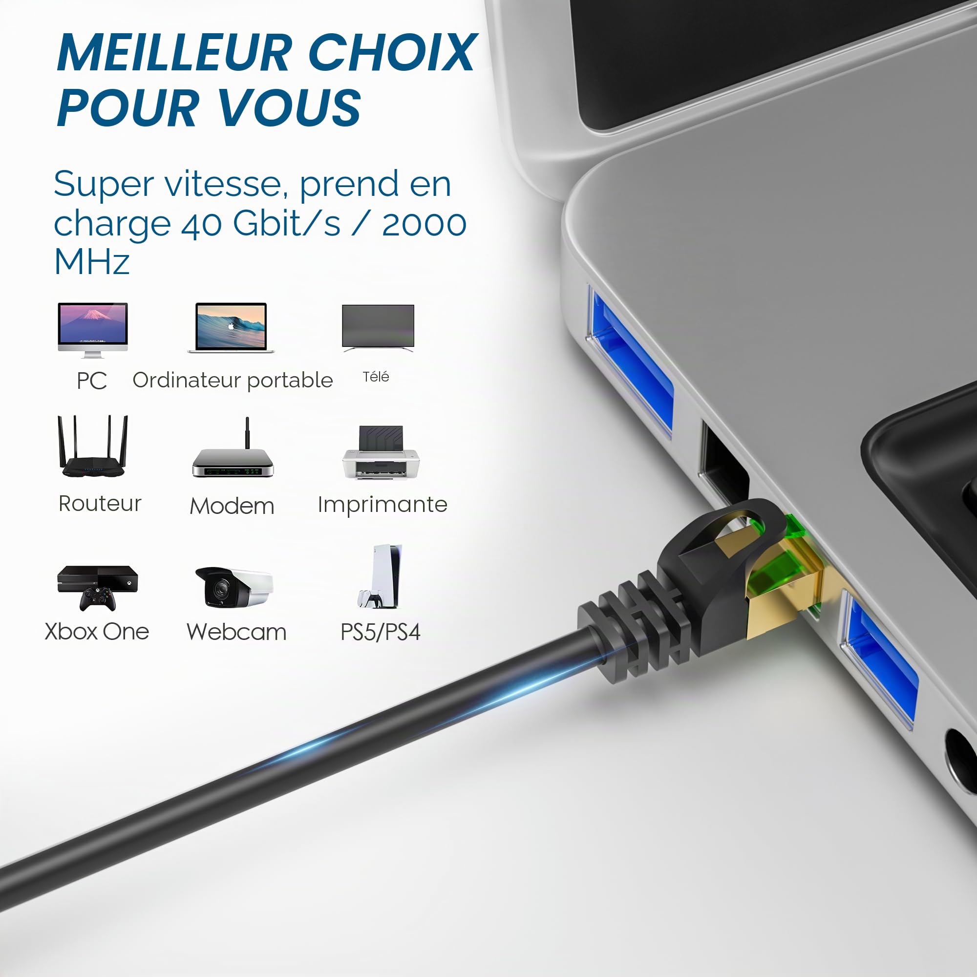30 mètres Câble réseau 40Gbps CAT 8,pour usage extérieur/intérieur, câble Ethernet S/FTP 2000 MHz,résistant aux intempéries,résistant aux UV,POE,connecteur RJ45+25 attaches de câble