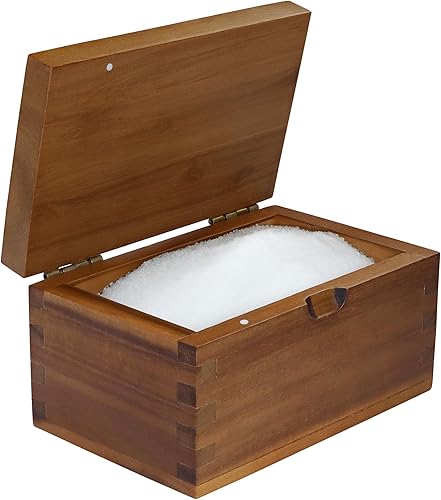 Caja de sal de madera de bodega con tapa abatible, 5.7 x 3.4 x 3 pulgadas, 20 onzas, gran espacio de almacenamiento, madera de acacia natural,