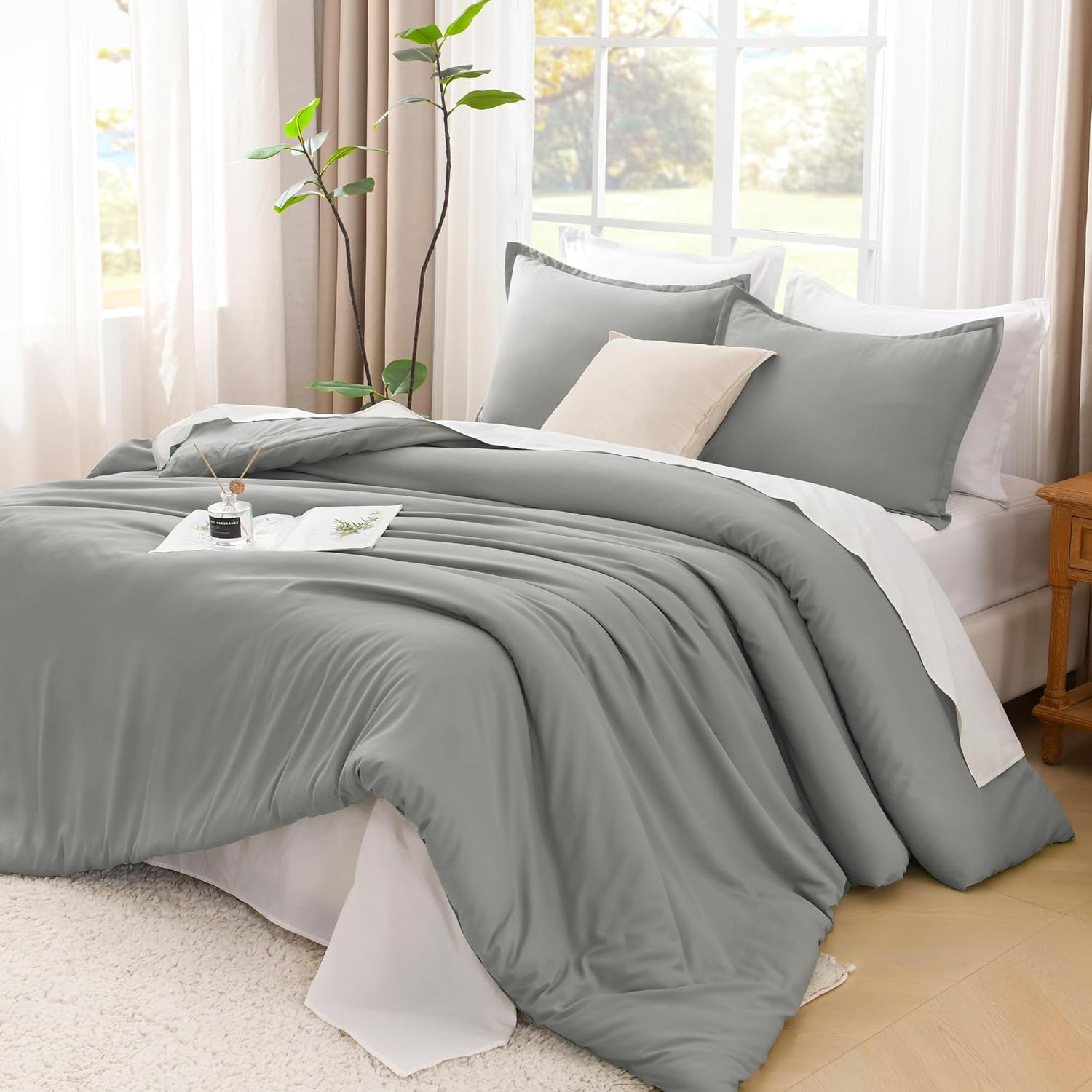 Litanika Comforters Medium Gray Full Size, 3 Pieces Lightweight Solid Bedding Set & Collections, All Season Fluffy Bed Set (79x90In Comforter & 2 Pillowcases) Midium Grey Full