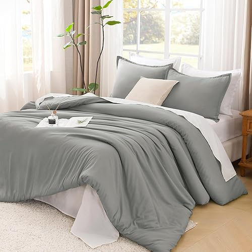 Litanika Comforters Medium Gray King Size, 3 Pieces Lightweight Solid Bedding Set & Collections, All Season Fluffy Bed Set (104x90In Comforter & 2 Pillowcases)